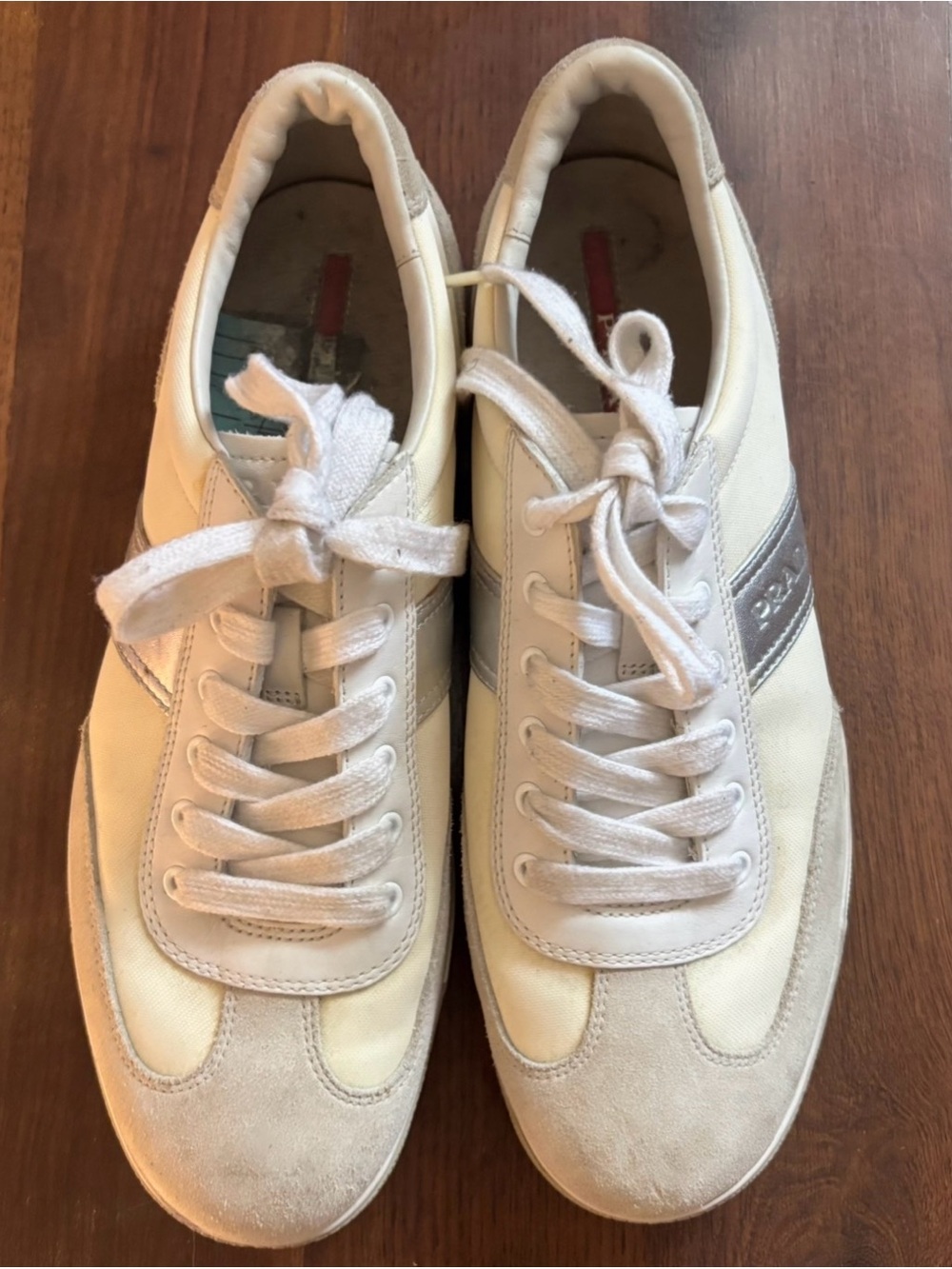 Prada Men's Milano Sneakers in Cream and Silver Suede Side Stripe